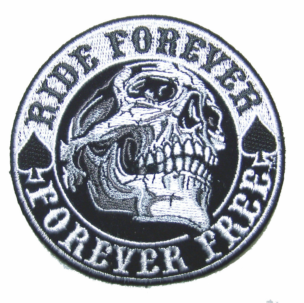 SPADES RIDE FOREVER SKULL 4 IN EMBROIDERED PATCH  (sold by the piece )
