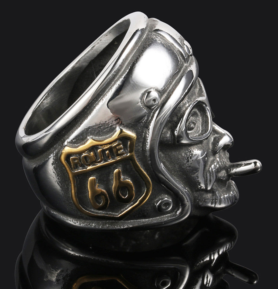 ROUTE 66 BIKERS HEAD WITH HELMET STAINLESS STEEL BIKER RING ( sold by the piece )