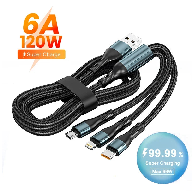 3 In 1 120W 6A Type C Super Fast Charging Cable