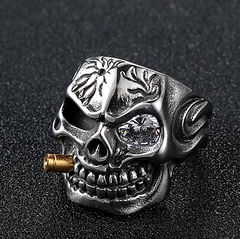 SKULL WITH CIGAR CLEAR CRYSTAL EYE METAL BIKER RING (sold by the piece)