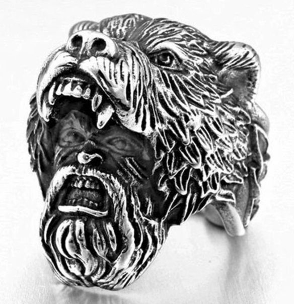 VIKING MAN W BEAR HEAD METAL BIKER RING * * SILVER OR BLACK*(sold by the piece)