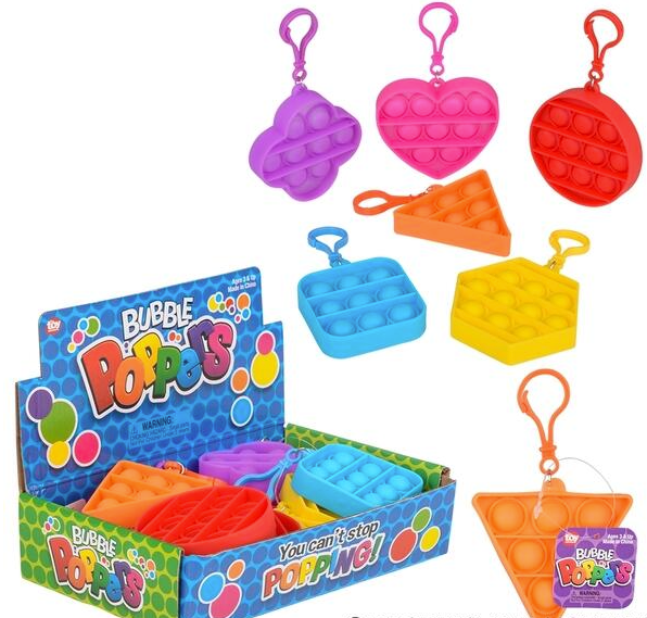 2.5" ASSORTED SHAPE CLIP ON BUBBLE POP IT SILICONE STRESS RELIEVER TOY KEYCHAINS (sold by the piece or dozen)