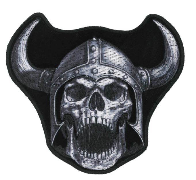 VIKING SKULL 3 X 3.5 INCH EMBROIDERED PATCH  (sold by the piece )