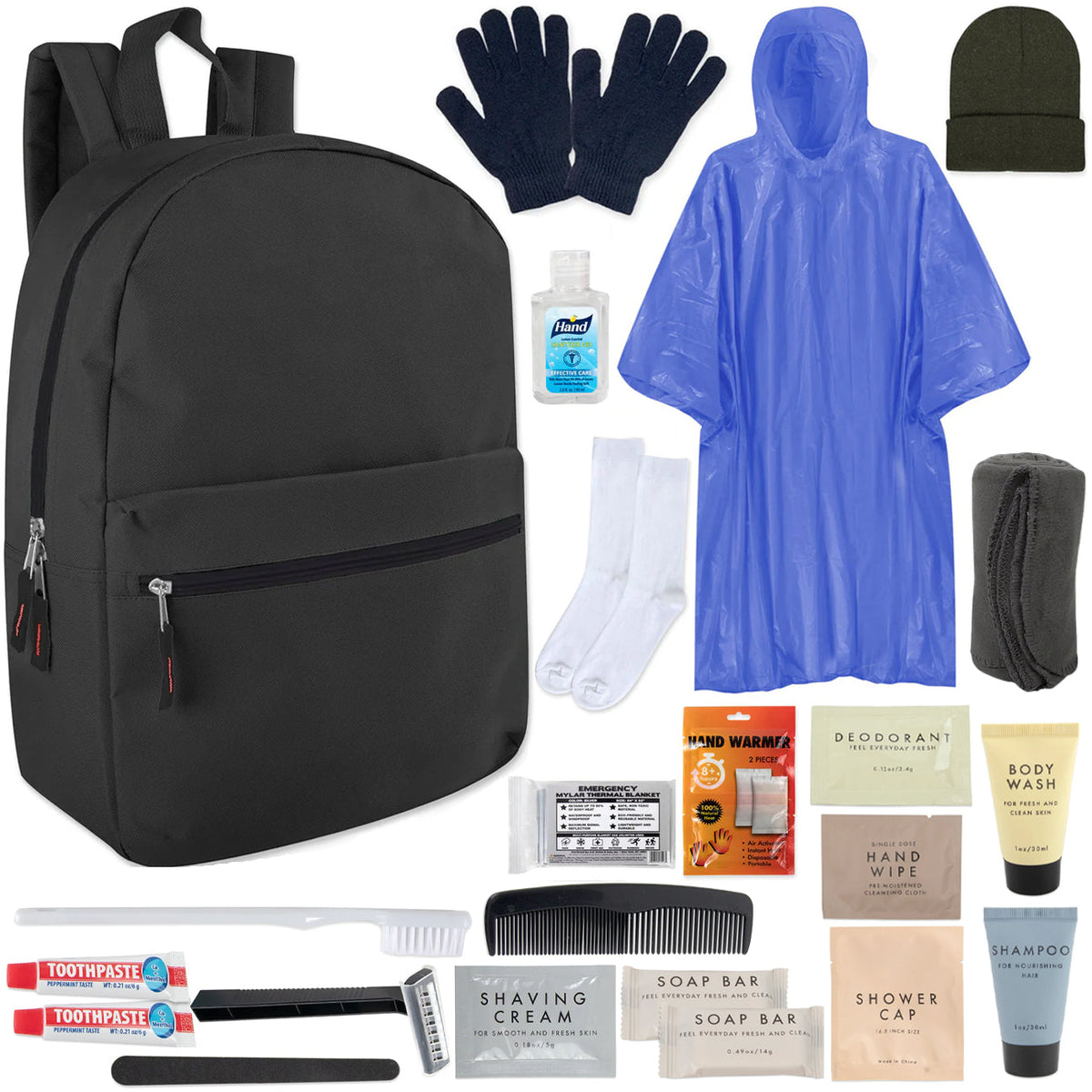 24-piece Warm Essential  Homeless Hygiene Kit with Backpack, Poncho, Socks