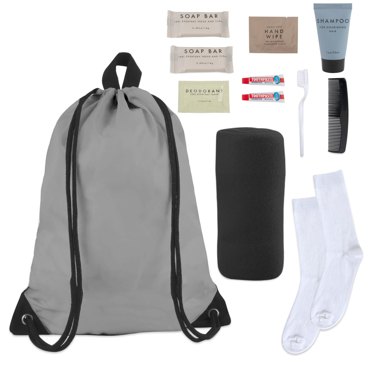 10-Piece Deluxe  Homeless Hygiene Kit with Drawstring Backpack, Socks, Blanket