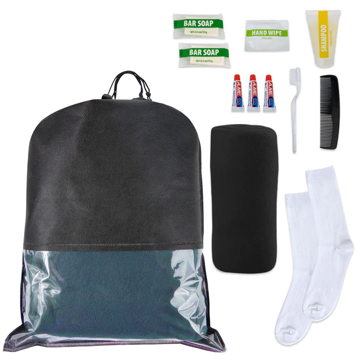 10-Piece Deluxe Homeless Hygiene Kit with Cinch Travel Bag with Clear Window, Socks, Blanket