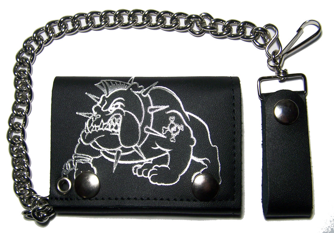 BULLDOG W SPIKED COLLAR TRIFOLD LEATHER WALLETS WITH CHAIN (Sold by the piece)