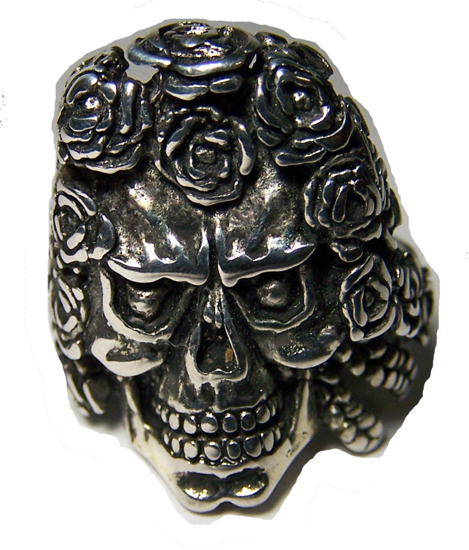 SKULL HEAD WITH ROSE HAIR BIKER RING  (Sold by the piece) **-  CLOSEOUT AS LOW AS $ 2.50 EA