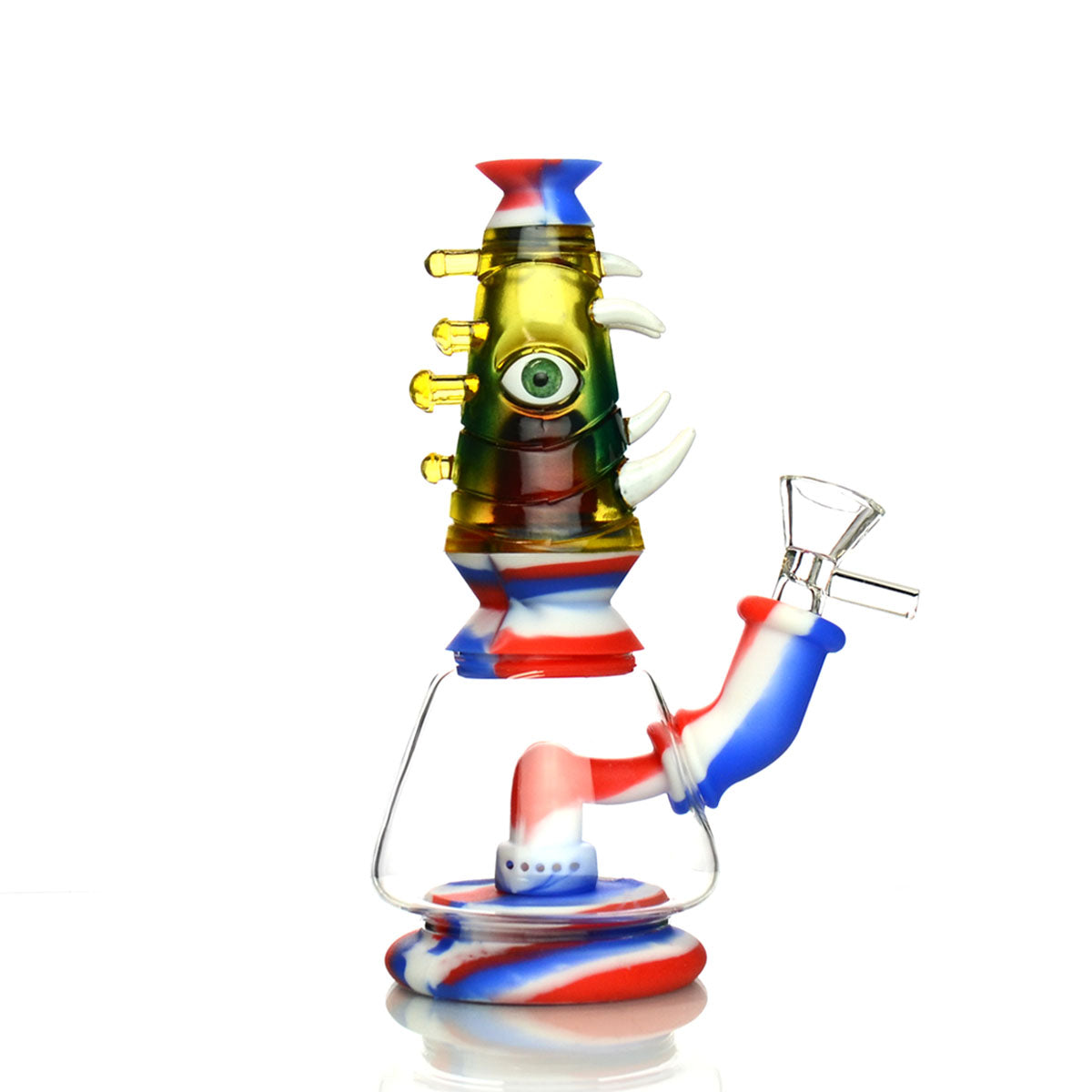 7" Silicone Glass Water Pipe Spiky Eye Art with Round Perc and 14mm Male Glass Bowl