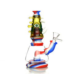 7" Silicone Glass Water Pipe Spiky Eye Art with Round Perc and 14mm Male Glass Bowl