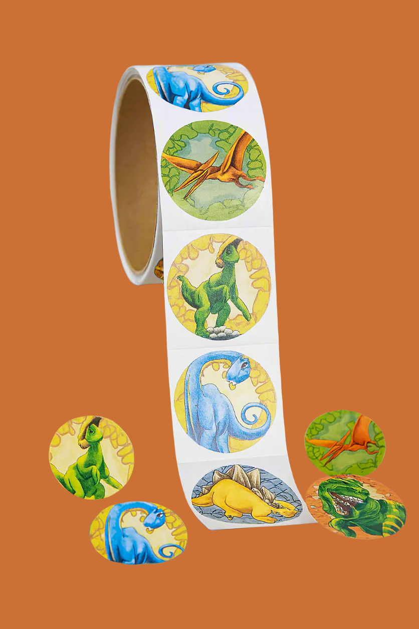 Dinosaur Stickers 100 ct Roll | 1.5" Round Paper Stickers