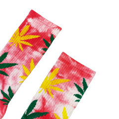 RED WHITE TIE-DYE LEAFS Socks Fits All, 70% Cotton, 25% Spandex, 5% Elastic