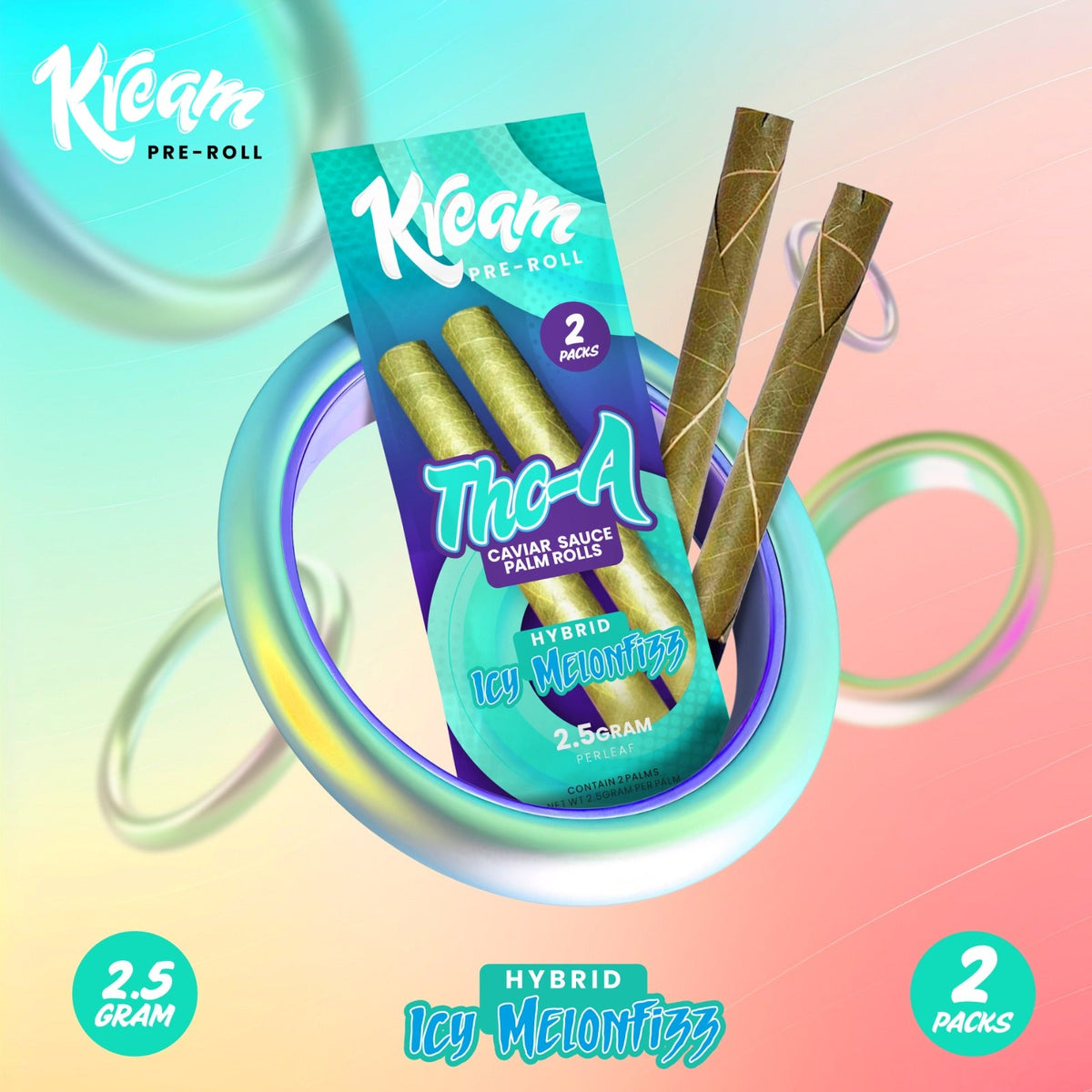 Icy Melon Fizz THC-A(Industrial Hemp Derived) 2.5Gram Palm Leaf Pre Roll Box of 10 pouches, 2 rolls per pouch