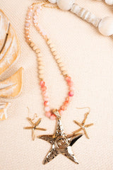 SALE! Treasure Cay Starfish Coral Beaded Goldtone Necklace and Earring Set