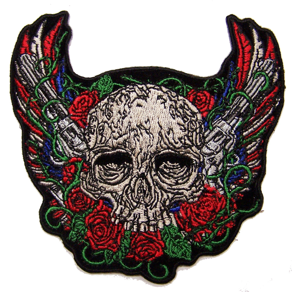 INHOUSE SKULL GUNS ROSES 4 INCH EMBROIDERED PATCH ( sold by the piece )