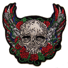 INHOUSE SKULL GUNS ROSES 4 INCH EMBROIDERED PATCH ( sold by the piece )