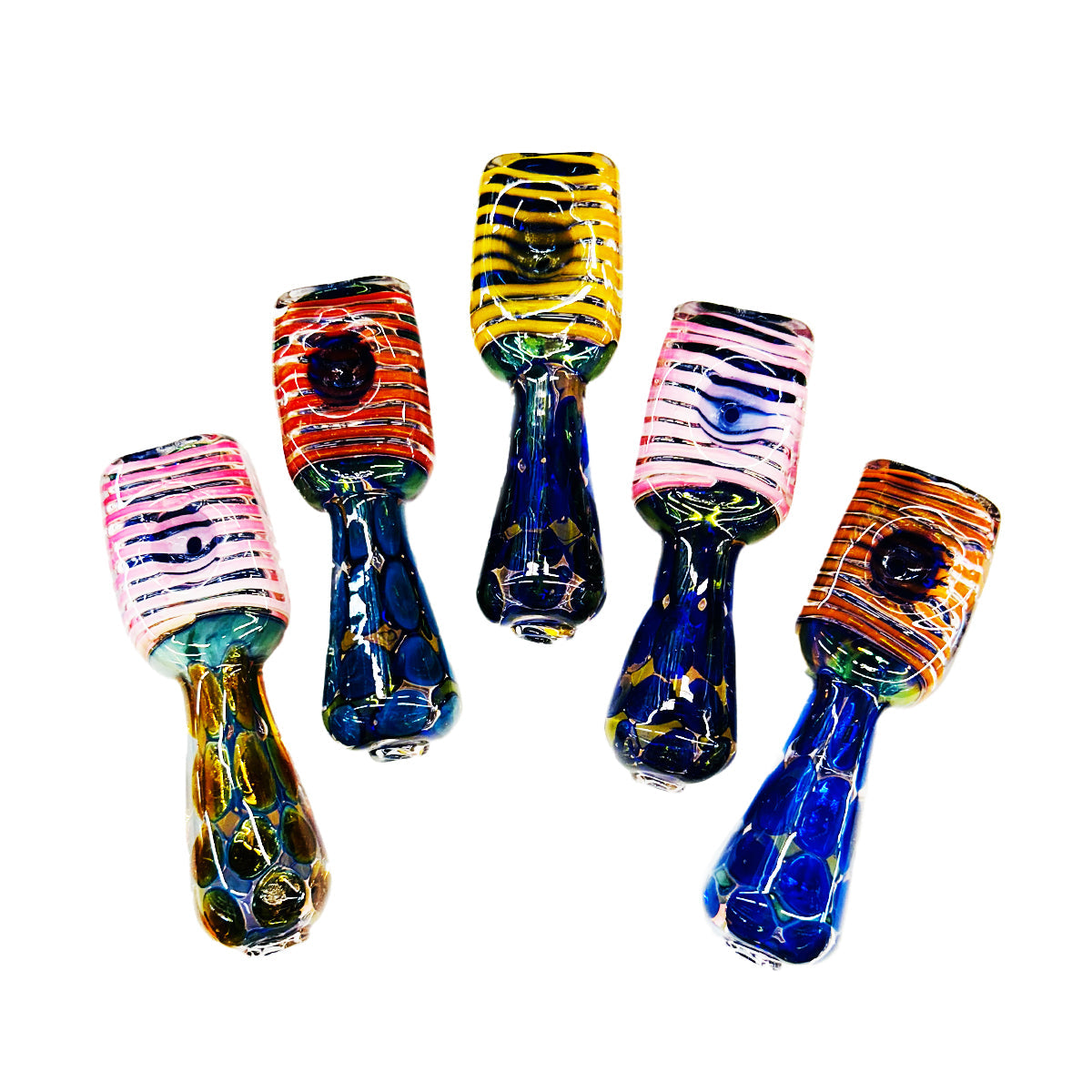 4.5" Gold Fume Glass Hand Pipe Spoon with Pressed Head Swirling Art