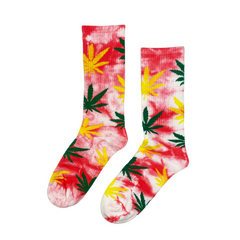 RED WHITE TIE-DYE LEAFS Socks Fits All, 70% Cotton, 25% Spandex, 5% Elastic