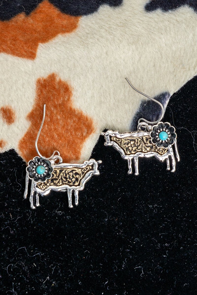 TIPI Turquoise Barnyard Blossom Cow Two-Tone Earrings
