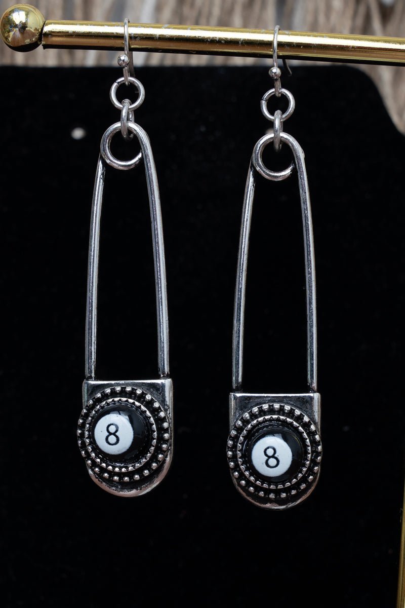 TIPI 8 Ball Safety Pin Silvertone Earrings