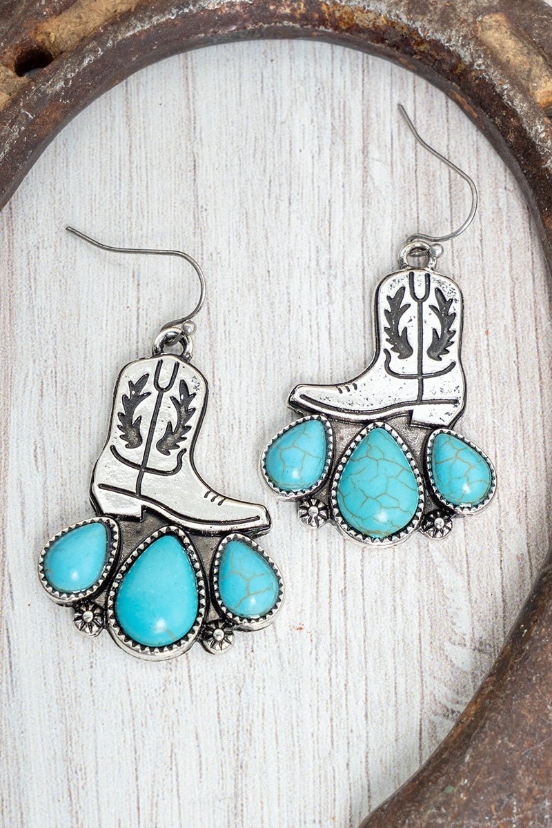 TIPI Turquoise Weatherford Boot Silvertone Earrings