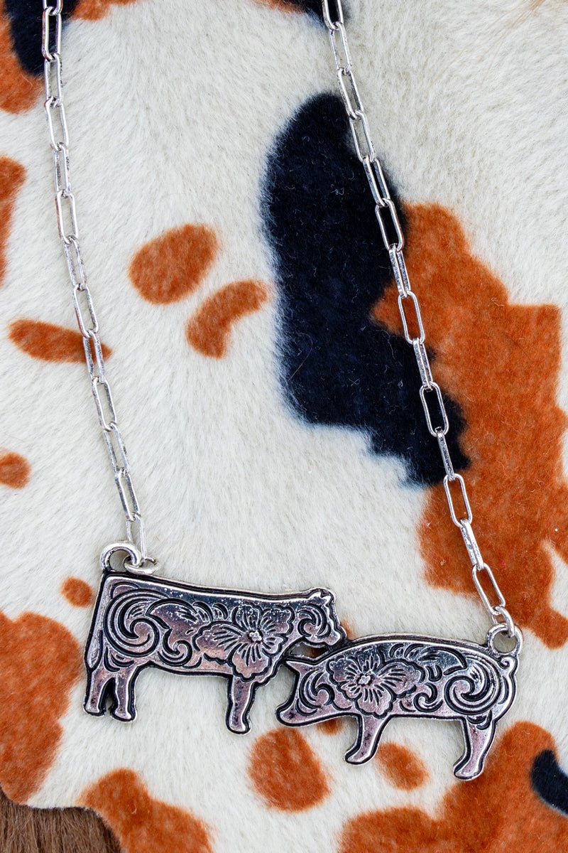 TIPI Farmhouse Lineup: Cow & Pig Silvertone Necklace