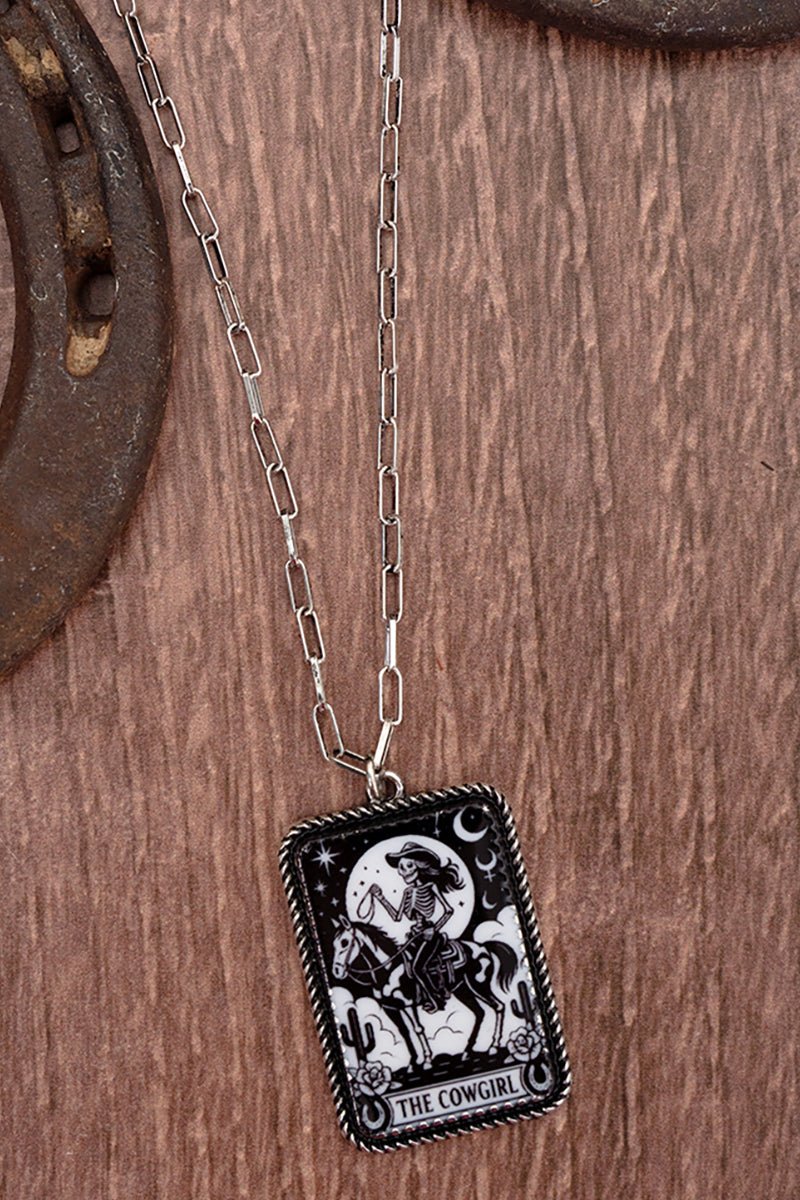 TIPI The Skeleton Cowgirl Card Silvertone Necklace