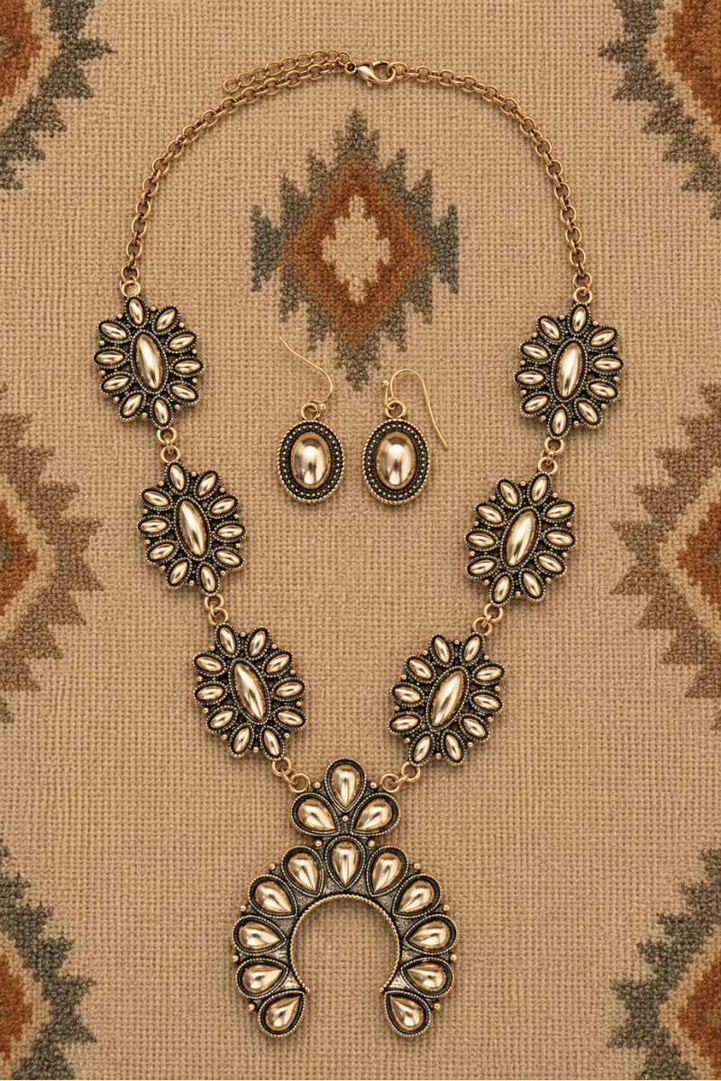 TIPI Highplains Squash Blossom Goldtone Necklace and Earring Set