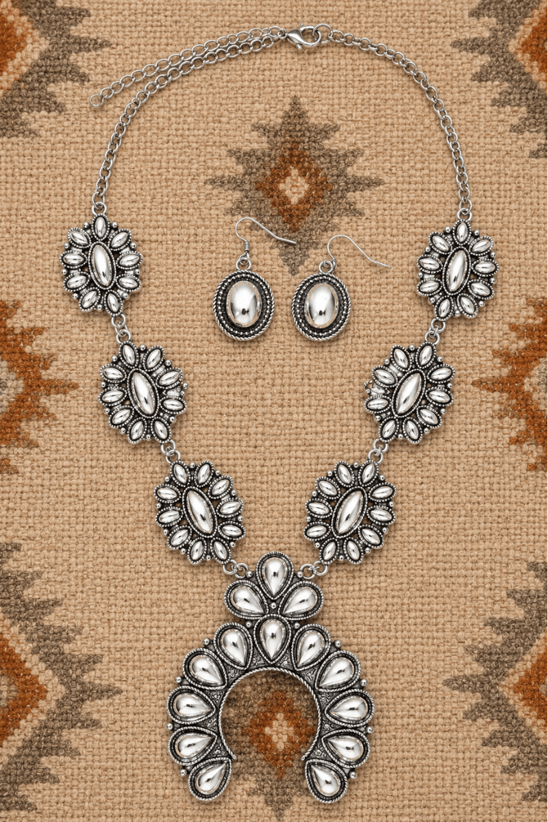 TIPI Highplains Squash Blossom Silvertone Necklace and Earring Set