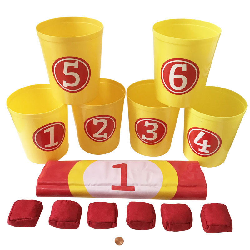 Six in a Row Bean Bag Toss (6 Bean Bags, 6 Buckets, and a Mat)