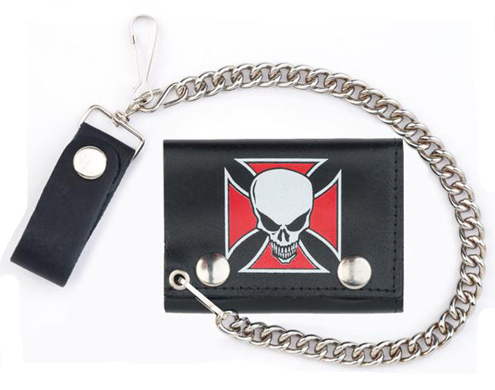 SKULL RED IRON CROSS TRIFOLD LEATHER WALLETS WITH CHAIN (Sold by the piece)