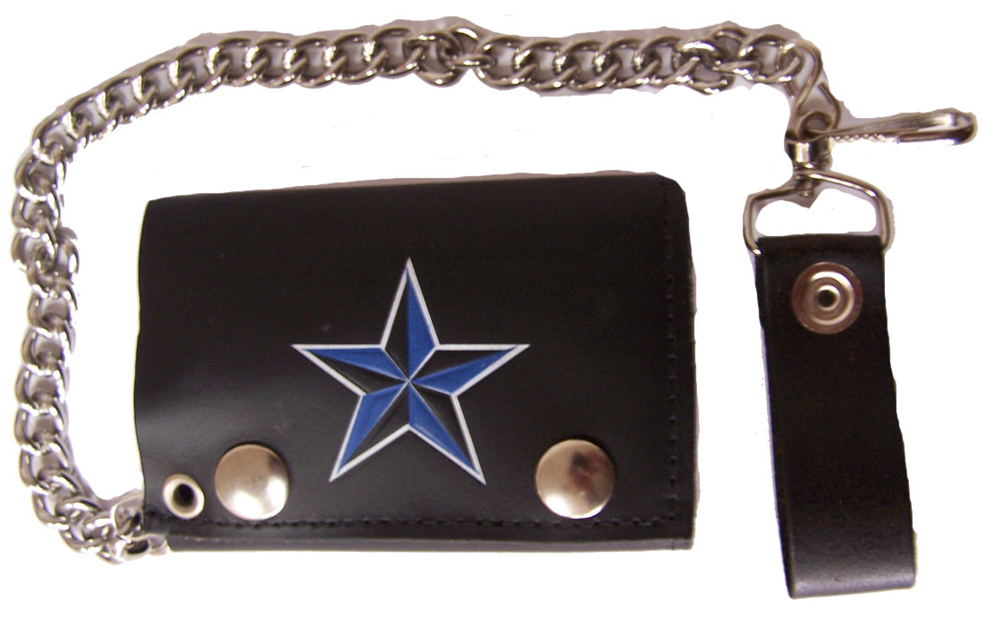 BLUE NAUTICAL STAR TRIFOLD LEATHER WALLETS WITH CHAIN (Sold by the piece)