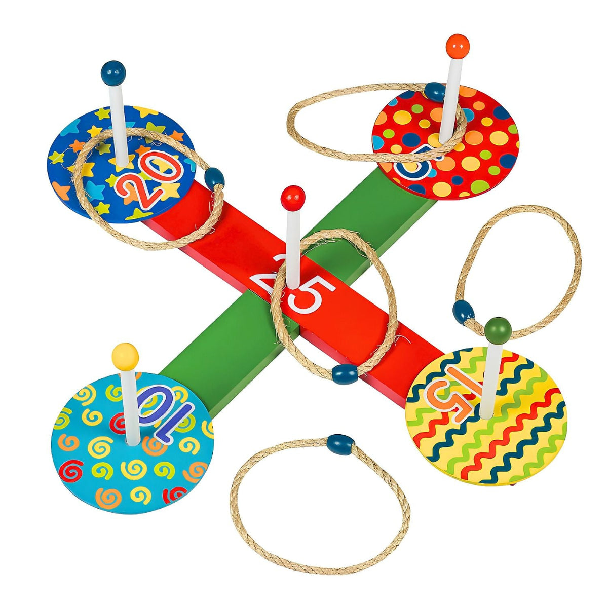 Colorful Wooden Ring Toss Game + 5 Rope Rings